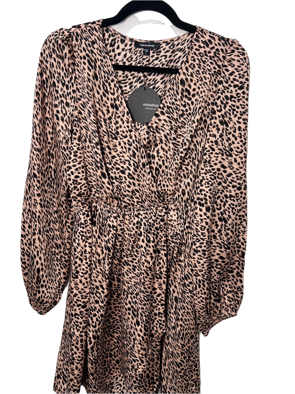 Mittoshop • Women’s  Beige and Black Leopard Print V-Neck Balloon Sleeve Dress - Picture 7 of 11